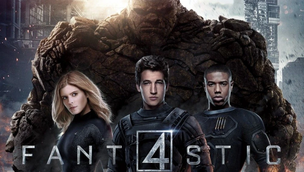 The Fantastic Four—Mr. Fantastic, Invisible Woman, Human Torch, and The Thing—standing heroically in front of a futuristic cityscape.
