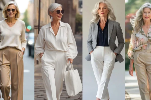 Elegant and confident Fashion Trends for Women Over 50 modeling stylish outfits based on current fashion trends.
