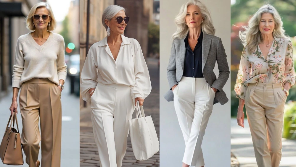 Elegant and confident Fashion Trends for Women Over 50 modeling stylish outfits based on current fashion trends.