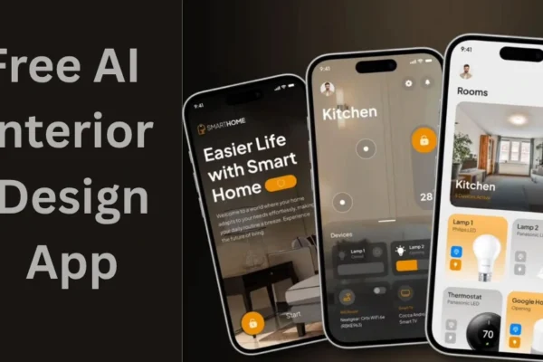 Screenshot of a free AI interior design app showing room layout and furniture options.