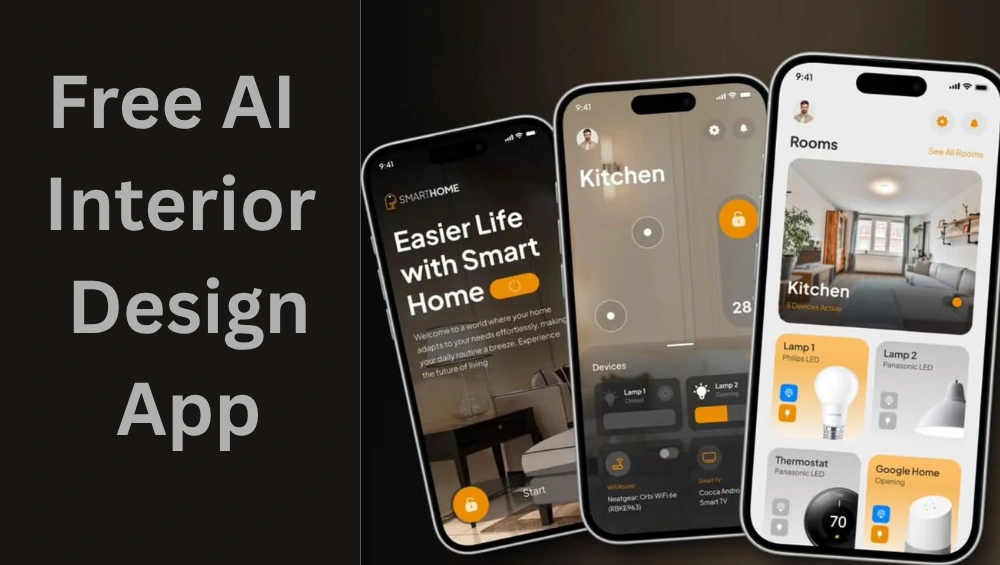 Screenshot of a free AI interior design app showing room layout and furniture options.