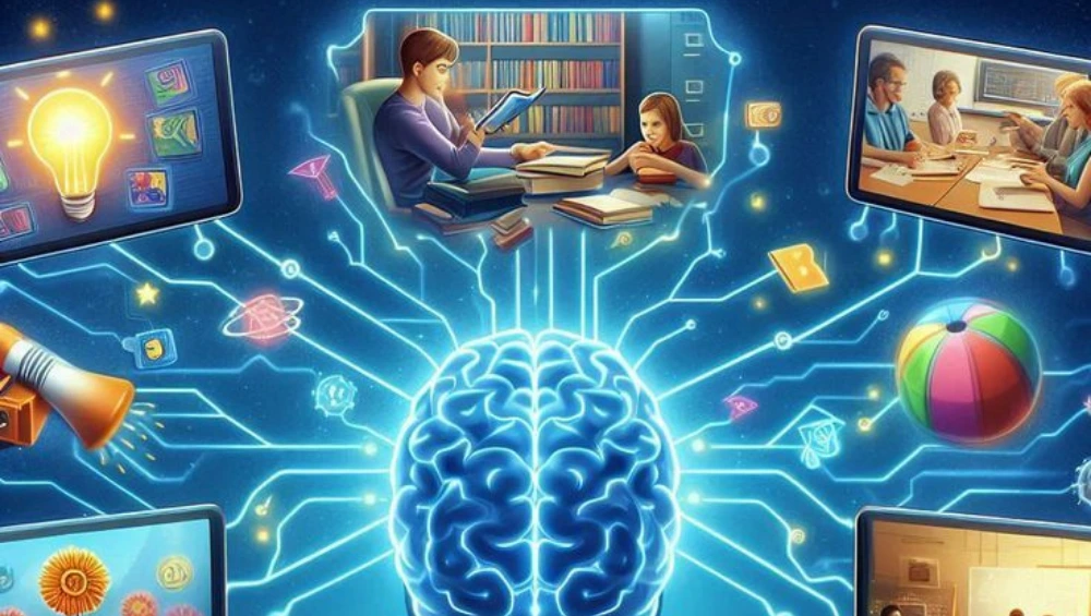 Illustration representing the future trends of artificial intelligence, including robotics, data analytics, and machine learning technologies.