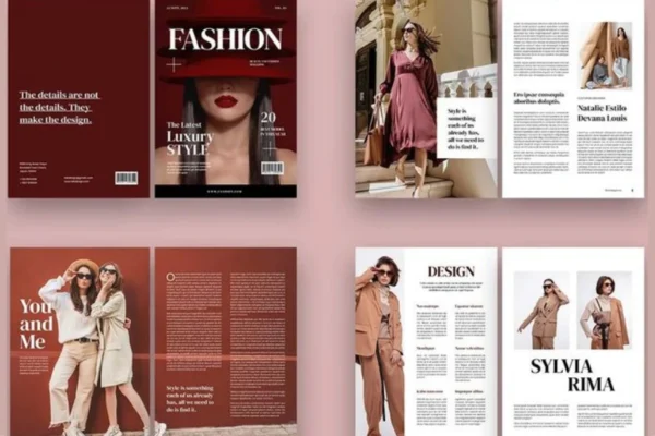 A stack of colorful lifestyle magazines featuring covers with fashion, travel, food, and wellness themes.