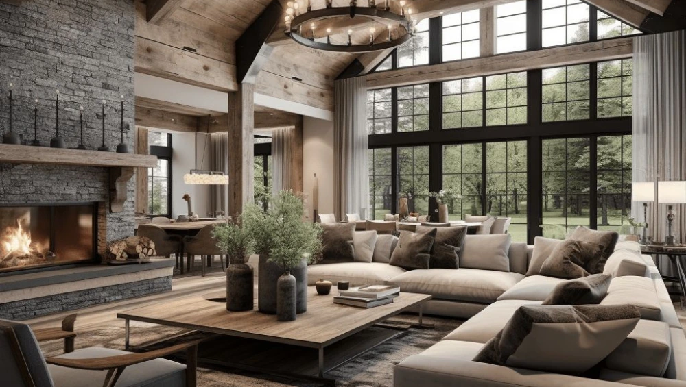 Spacious living room with exposed wooden beams, neutral linen seating, and a reclaimed wood coffee table that showcases modern farmhouse interior design.