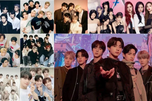 Collage of the most popular Kpop groups featuring members from BTS, BLACKPINK, EXO, TWICE, and Stray Kids posing on stage and at fan events.