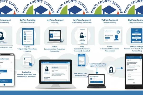 A student logging into MyPascoConnect on a laptop, showing a dashboard with educational apps, virtual classroom tools, and login options.