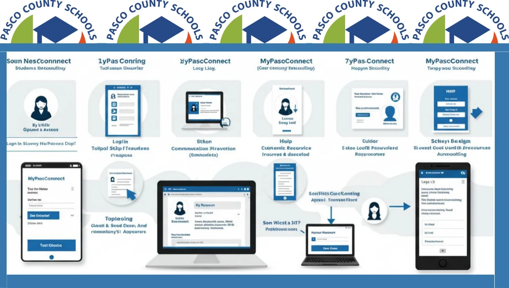 A student logging into MyPascoConnect on a laptop, showing a dashboard with educational apps, virtual classroom tools, and login options.