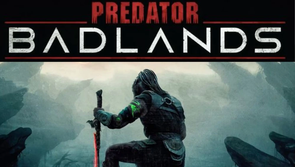 Cover art of Predator: Badlands comic, featuring the Predator standing atop a rocky desert landscape under a stormy sky.