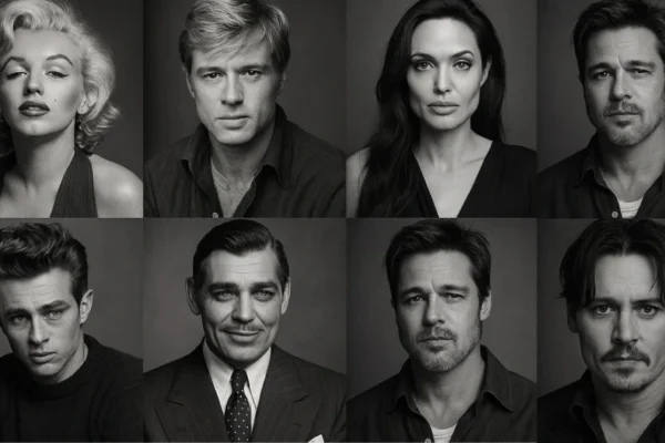 A digital interface displaying a searchable celebrity movie archive with thumbnails of famous actors and movie posters.