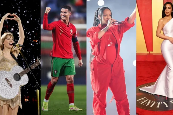 A visual chart comparing celebrity net worth 2025 for Taylor Swift, Ronaldo, Kim Kardashian, and others.