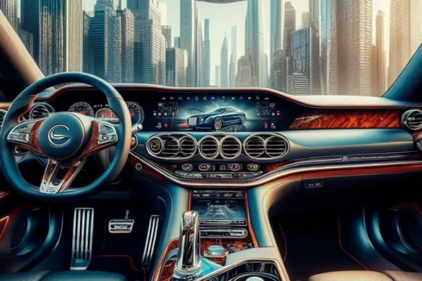 Luxurious tan leather seats and wood-trim dashboard showcasing high-end custom car interior design.