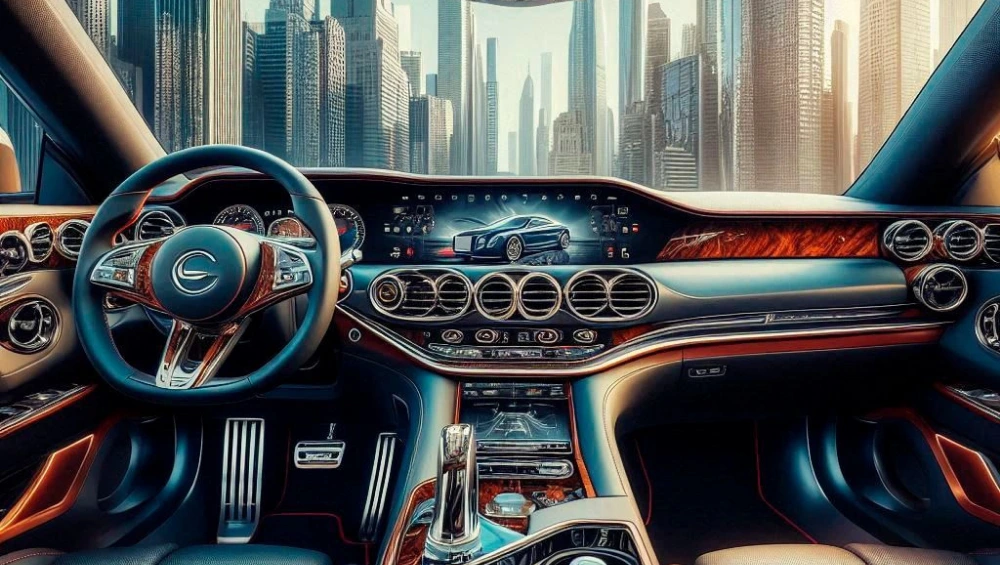 Luxurious tan leather seats and wood-trim dashboard showcasing high-end custom car interior design.
