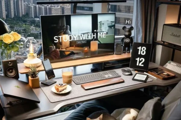 A modern tech table setup with smart devices, laptops, and digital accessories.