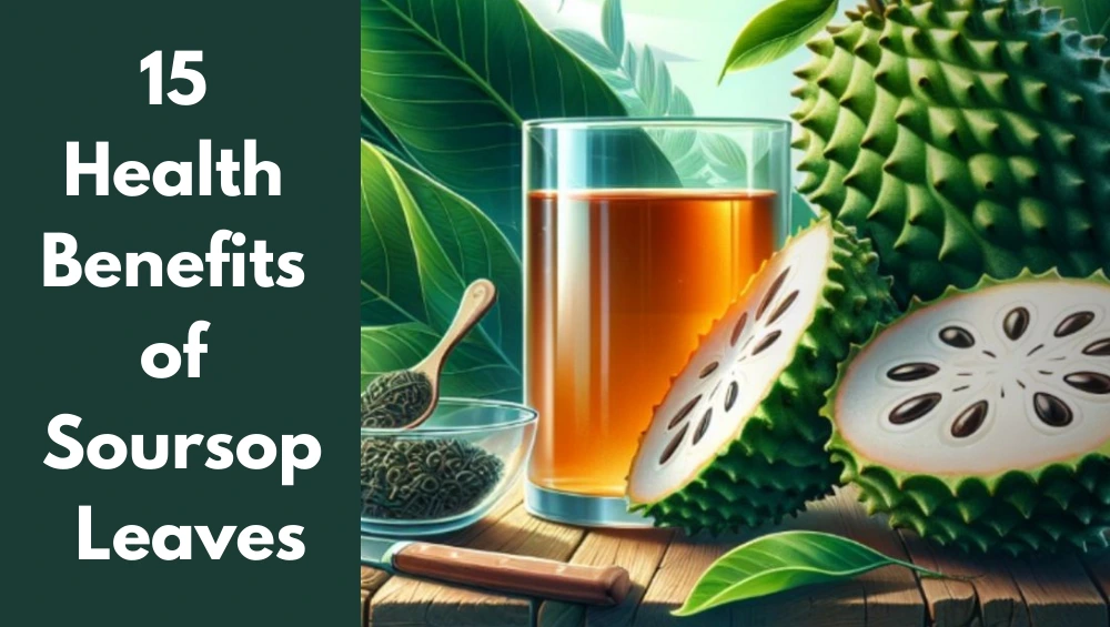 A fresh bunch of soursop leaves laid out on a wooden table with text overlay that reads “15 Health Benefits of Soursop Leaves.”
