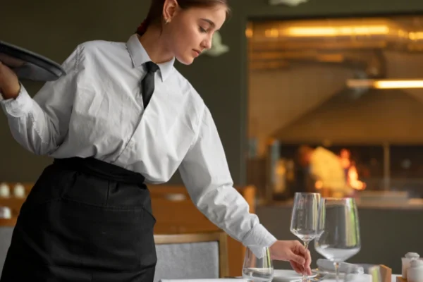 Professional stainless steel afruimwagens clearing trolley being used by restaurant staff to efficiently clear tables in a busy dining establishment