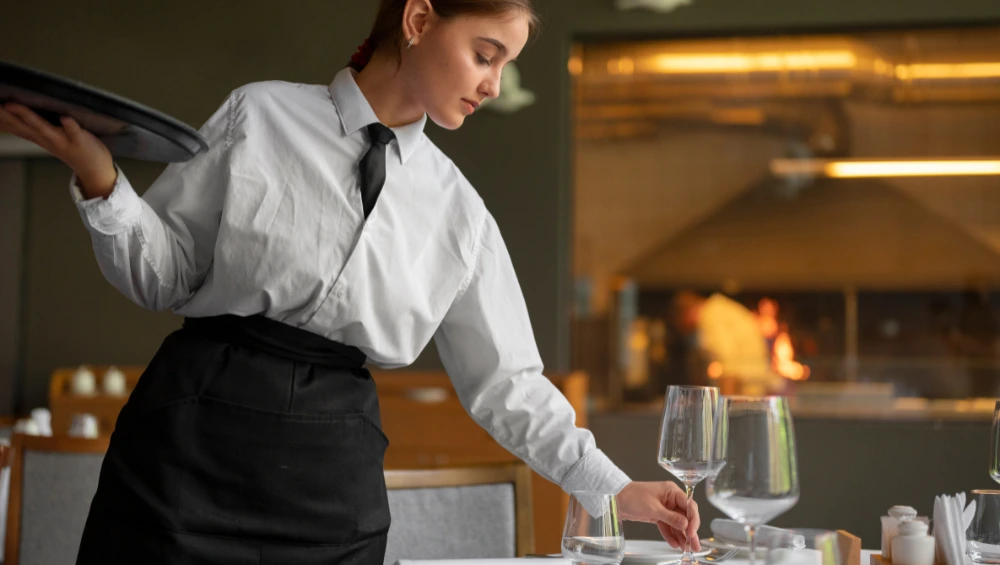 Professional stainless steel afruimwagens clearing trolley being used by restaurant staff to efficiently clear tables in a busy dining establishment