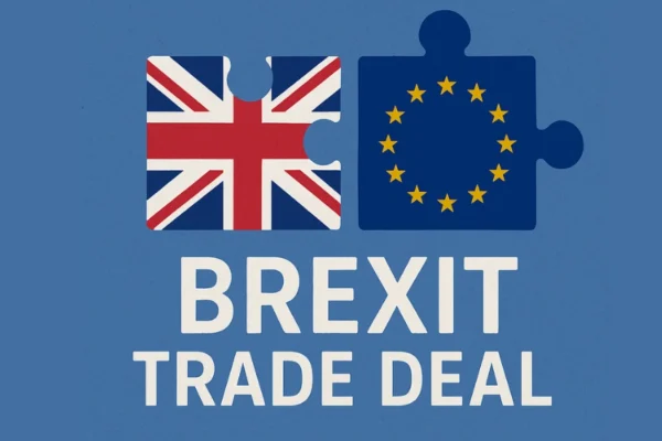 A handshake between UK and EU officials amid flags, symbolizing the Brexit Trade Deal and evolving UK‑EU relations.