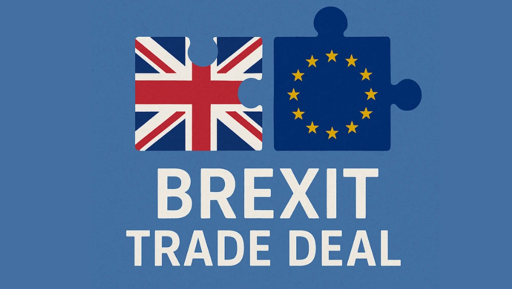 A handshake between UK and EU officials amid flags, symbolizing the Brexit Trade Deal and evolving UK‑EU relations.