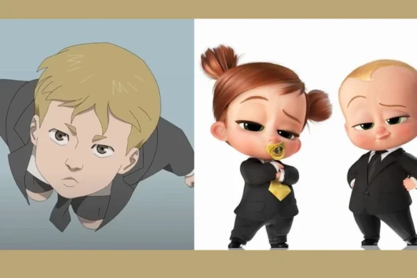 Confident baby in a suit and tie with sunglasses, striking a powerful pose — the true Business Baby Invincible.