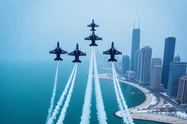 Spectacular aerial view of military jets performing at the Chicago Air and Water Show over Lake Michigan with downtown skyline in background