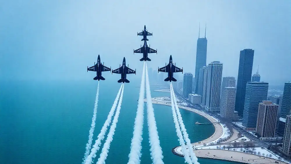 Spectacular aerial view of military jets performing at the Chicago Air and Water Show over Lake Michigan with downtown skyline in background