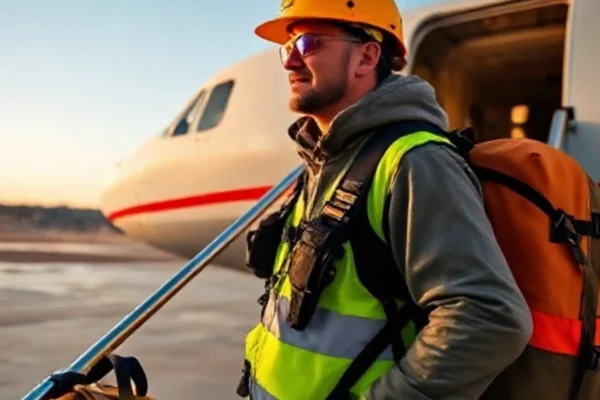 FIFO jobs worker boarding charter plane to mining site with safety gear and work bag, representing fly-in-fly-out lifestyle