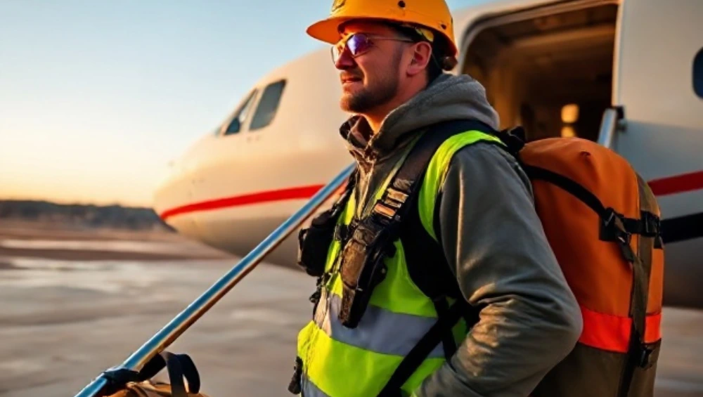 FIFO jobs worker boarding charter plane to mining site with safety gear and work bag, representing fly-in-fly-out lifestyle