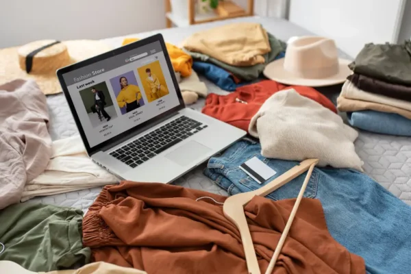 Woman checking fashion nova returns policy on laptop while holding clothing items with tags attached