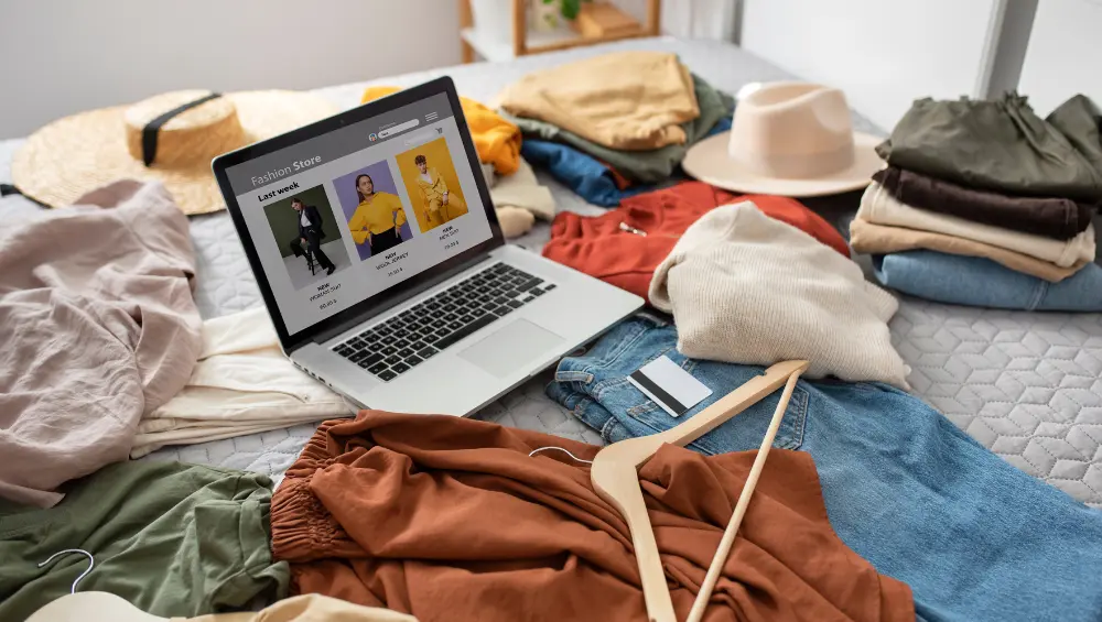 Woman checking fashion nova returns policy on laptop while holding clothing items with tags attached