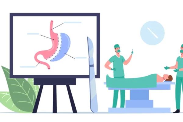 Medical illustration showing gastroshiza condition with intestines outside abdominal wall and surgical treatment options