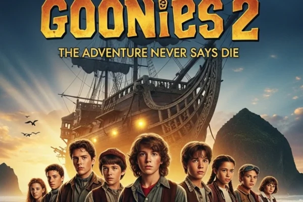 Promotional poster or concept art for Goonierne 2 — the anticipated sequel featuring action-packed visuals and futuristic themes
