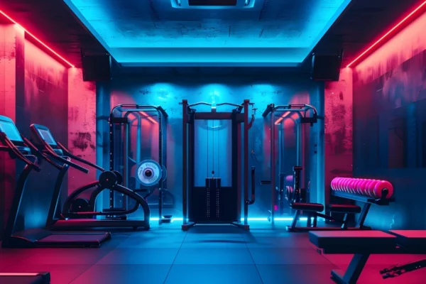 Modern gym interior showing various gym background options with equipment, mirrors, and motivational wall designs for fitness and photography