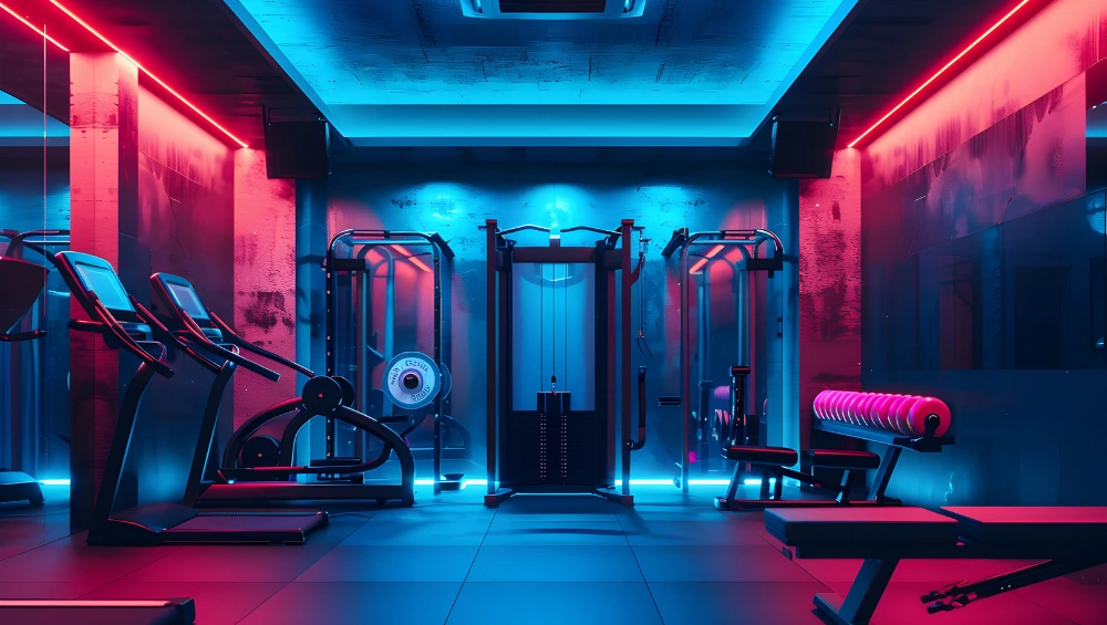 Modern gym interior showing various gym background options with equipment, mirrors, and motivational wall designs for fitness and photography