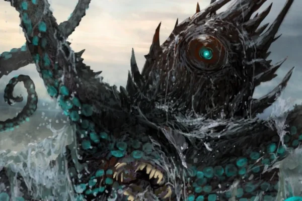 Massive Kraken 5e creature rising from stormy ocean waters, with long tentacles reaching toward a ship.