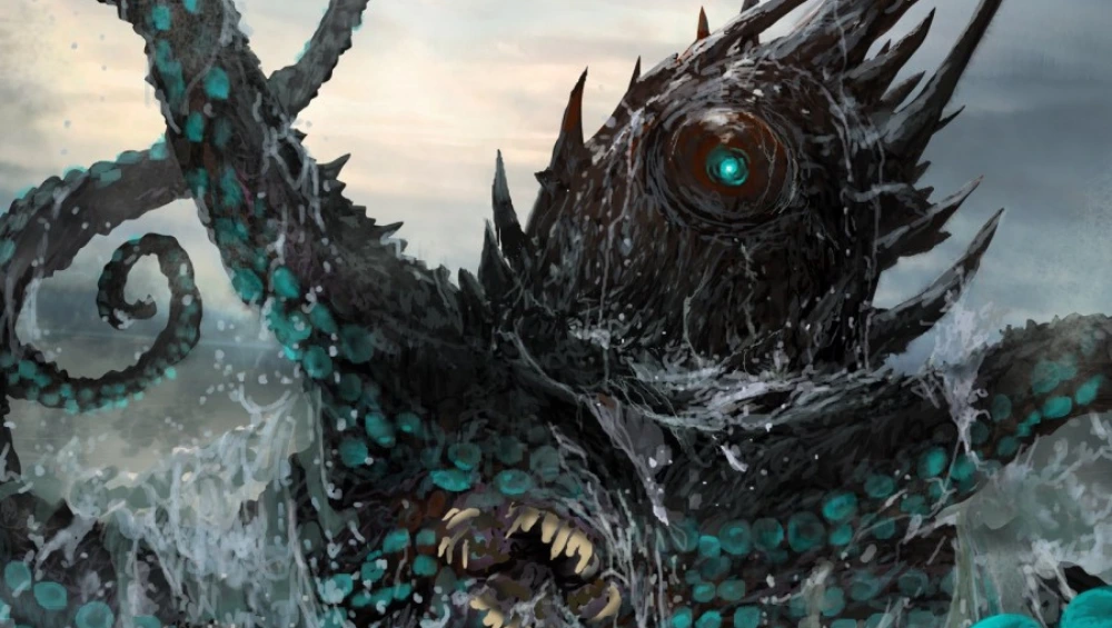 Massive Kraken 5e creature rising from stormy ocean waters, with long tentacles reaching toward a ship.