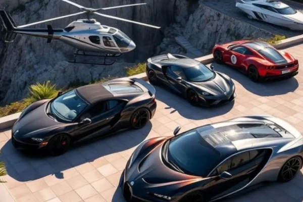 Stylish entrepreneur overlooking city skyline with luxury car and laptop, representing the Make1M.com Millionaire Lifestyle.