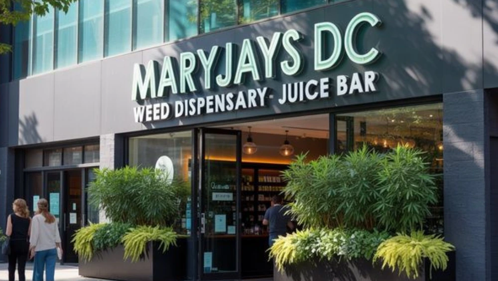 Exterior view of MaryJays DC Weed Dispensary Juice Bar Washington Reviews, showcasing storefront and branding.