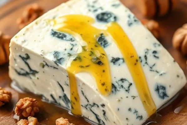 Wedge of creamy masgonzola cheese with blue-green veins on wooden board with walnuts and honey drizzle