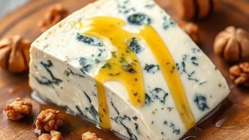 Wedge of creamy masgonzola cheese with blue-green veins on wooden board with walnuts and honey drizzle