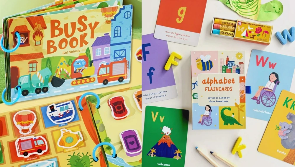 A colorful My Busy Books set featuring a storybook, collectible figurines, and a fold-out playmat on display.