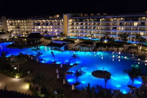 Aerial view of Ocean Coral Spring resort in Jamaica — luxury all-inclusive beachfront resort with pools, palm trees, and ocean views