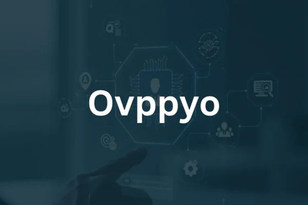 The Ovppyo logo displayed against a sleek, abstract background with vibrant neon accents and futuristic design elements.