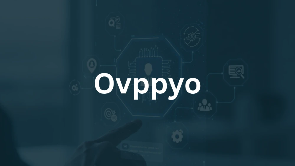 The Ovppyo logo displayed against a sleek, abstract background with vibrant neon accents and futuristic design elements.