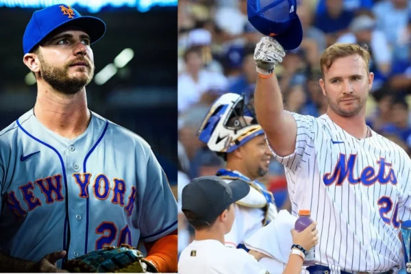 Pete Alonso in a New York Mets uniform, swinging his bat during a game at Citi Field.