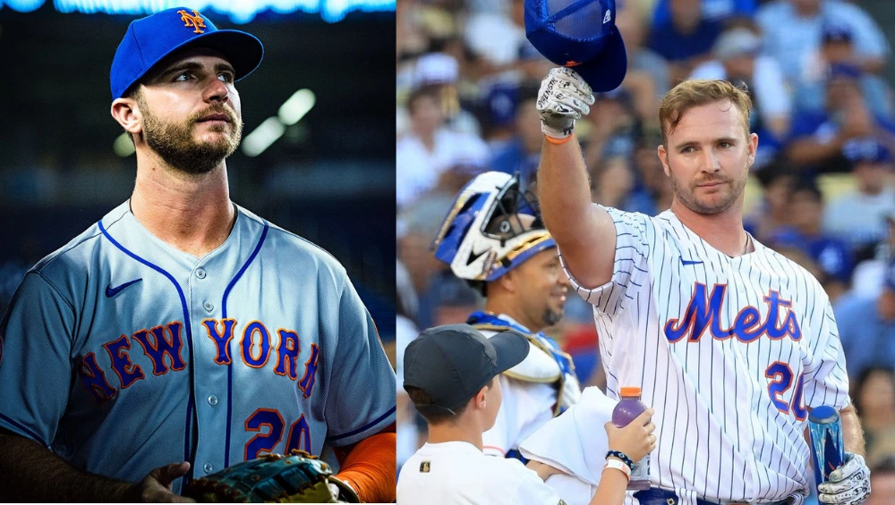 Pete Alonso in a New York Mets uniform, swinging his bat during a game at Citi Field.