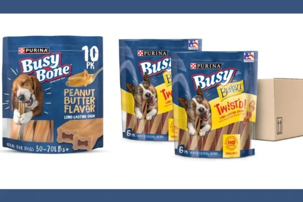 Purina Busy Bone dog treat with its twisted shape, designed to keep dogs engaged and chewing for hours.