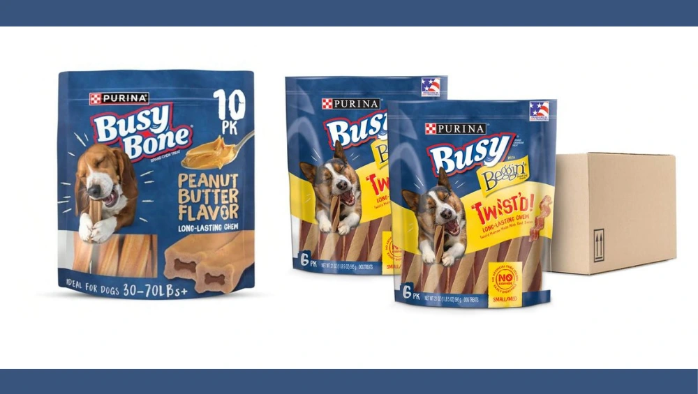 Purina Busy Bone dog treat with its twisted shape, designed to keep dogs engaged and chewing for hours.