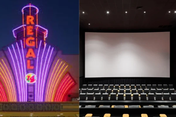Exterior view of Regal Louisiana Boardwalk movie theater with bright marquee lights.
