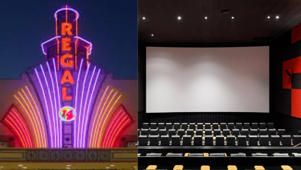 Exterior view of Regal Louisiana Boardwalk movie theater with bright marquee lights.