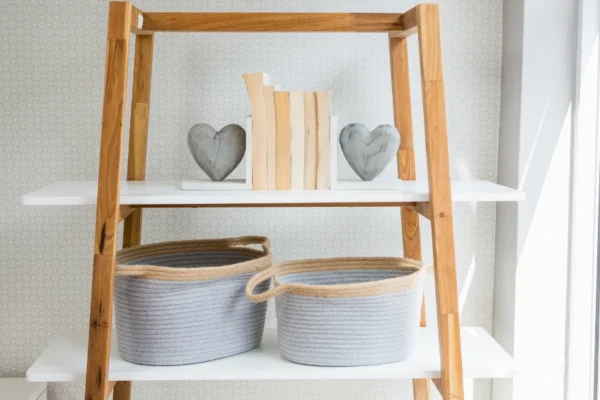 Beautiful rosboxar pink storage boxes arranged in Scandinavian home décor setting with plants and natural light
